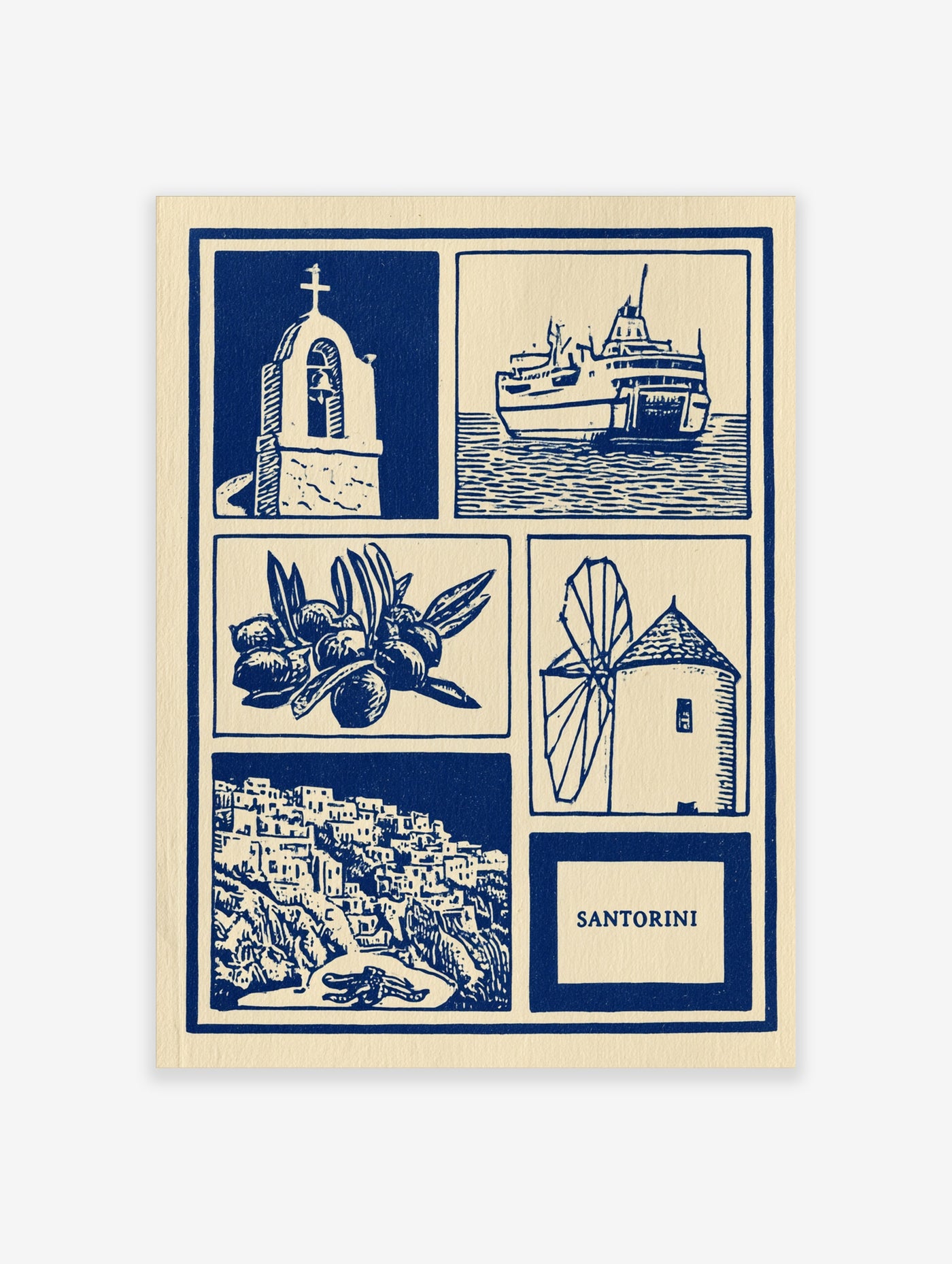 Santorini wall art print featuring blue and cream illustrations of a church, ferry, olive branch, windmill, and village