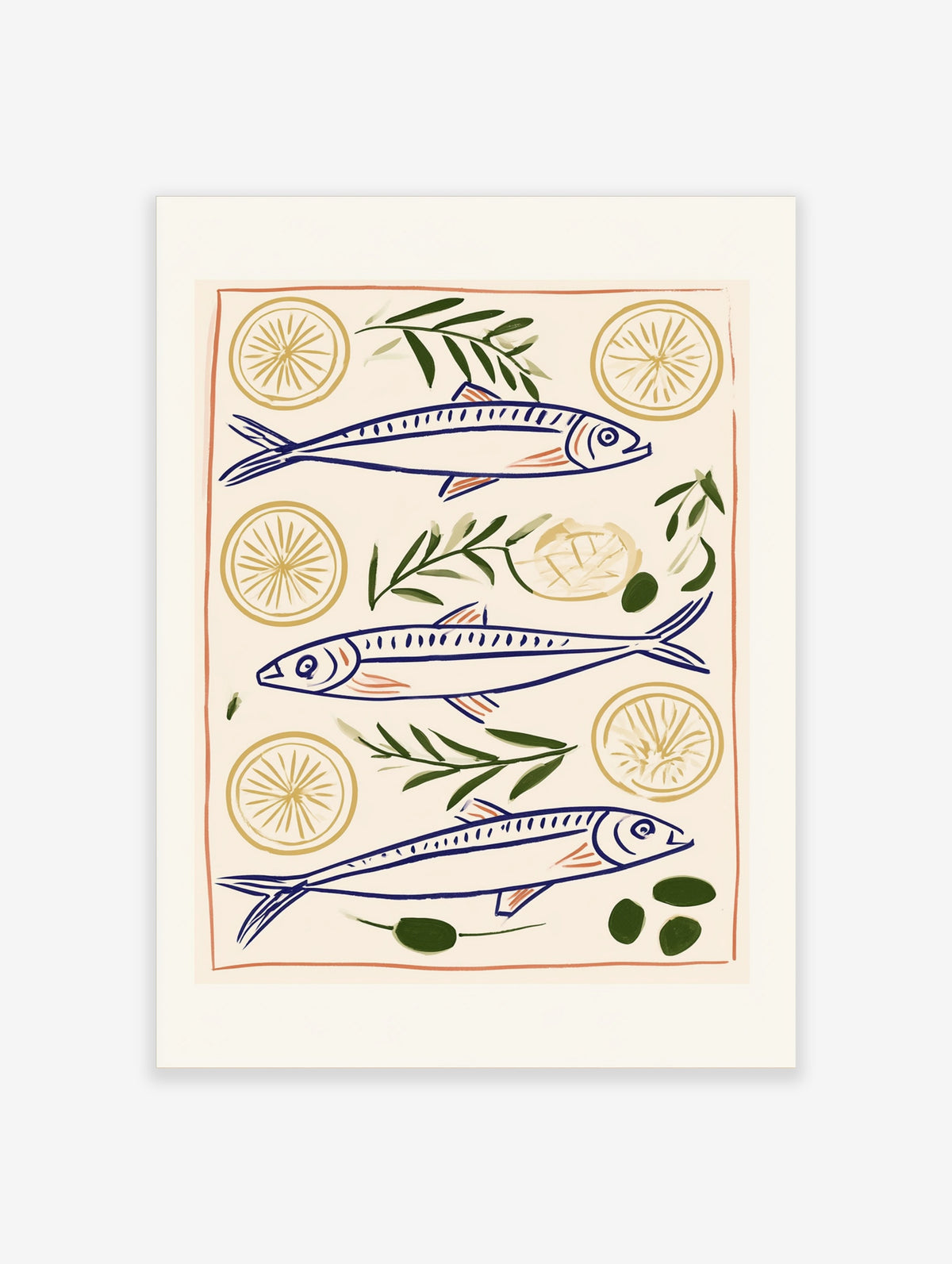 Blue sardine fish, olive branches, and lemon slices illustration art print on cream background