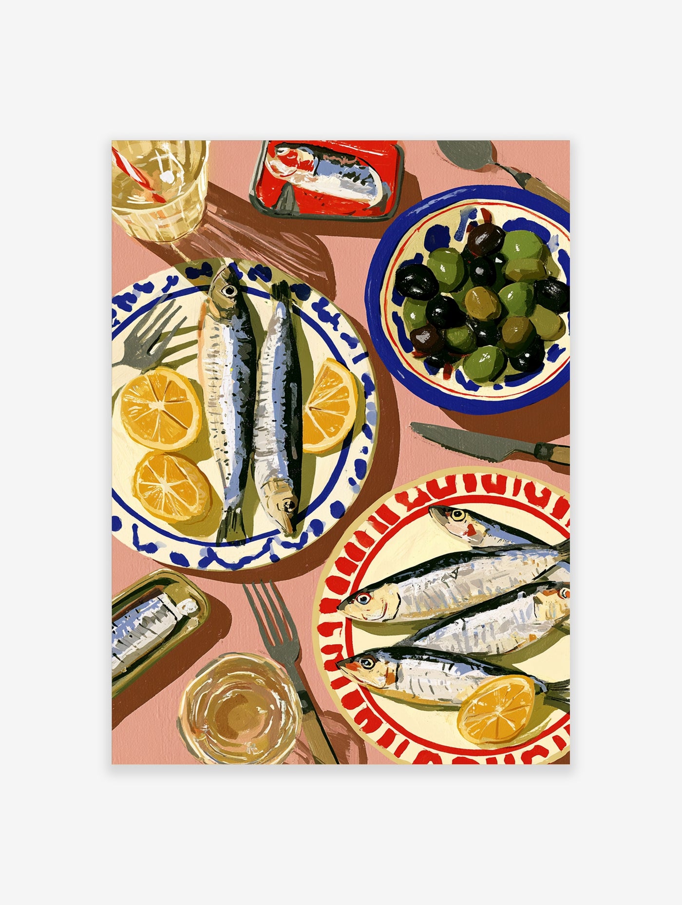 Illustrative Mediterranean dining flat lay with sardines, olives, and lemons on a pink background