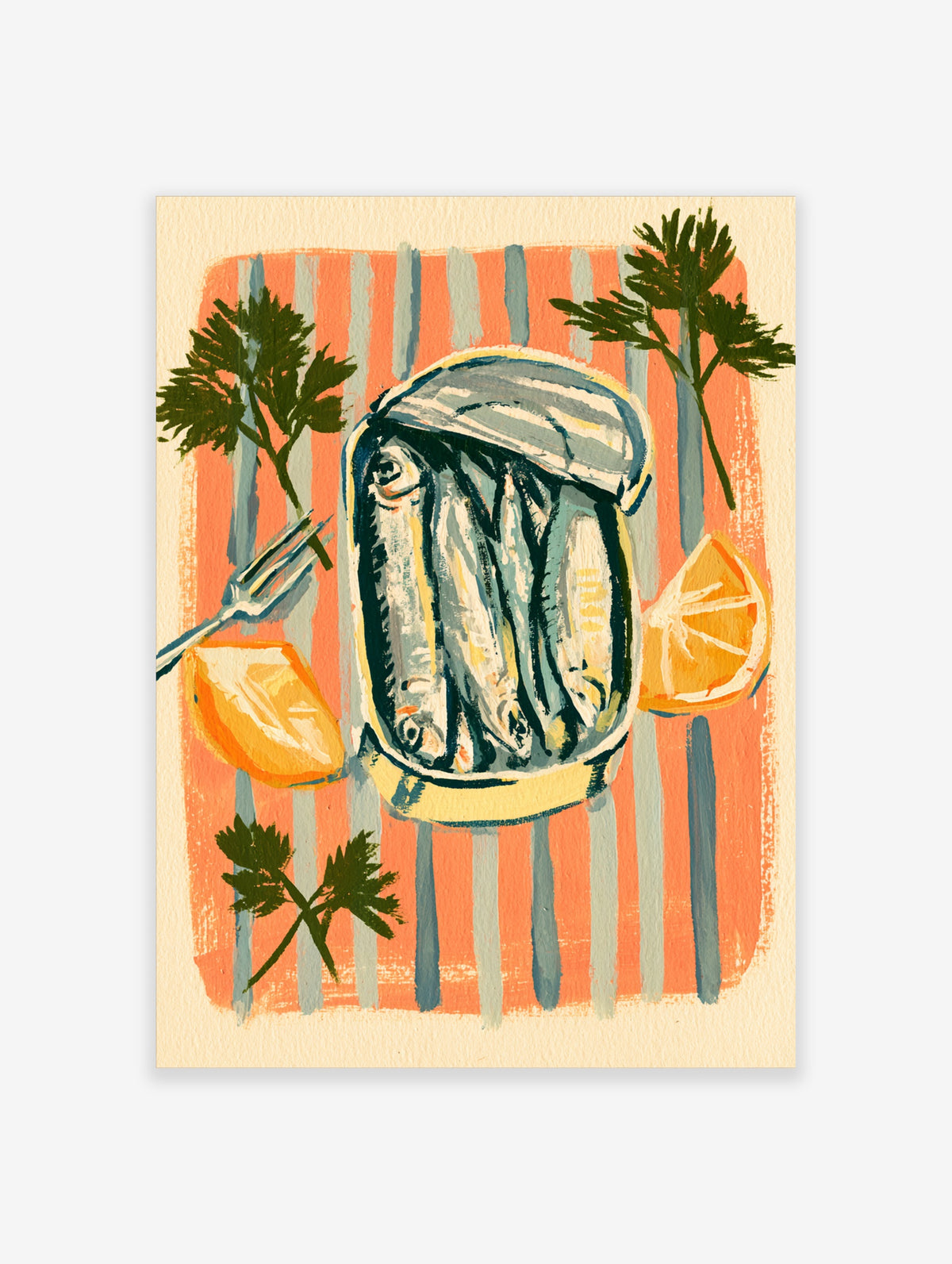 Retro sardine tin poster with four fish, lemon wedges, parsley and fork on coral and blue stripes