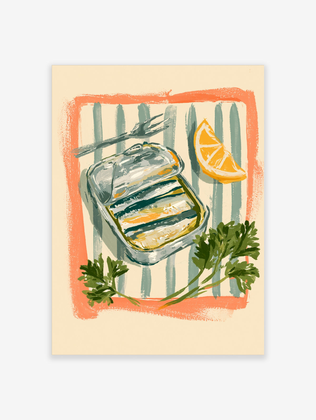 Sardine tin wall art print with open tin, lemon wedge, parsley, fork, and striped background