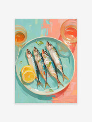 Illustrative wall art of four whole sardines with lemon and herbs on a blue plate, with glasses