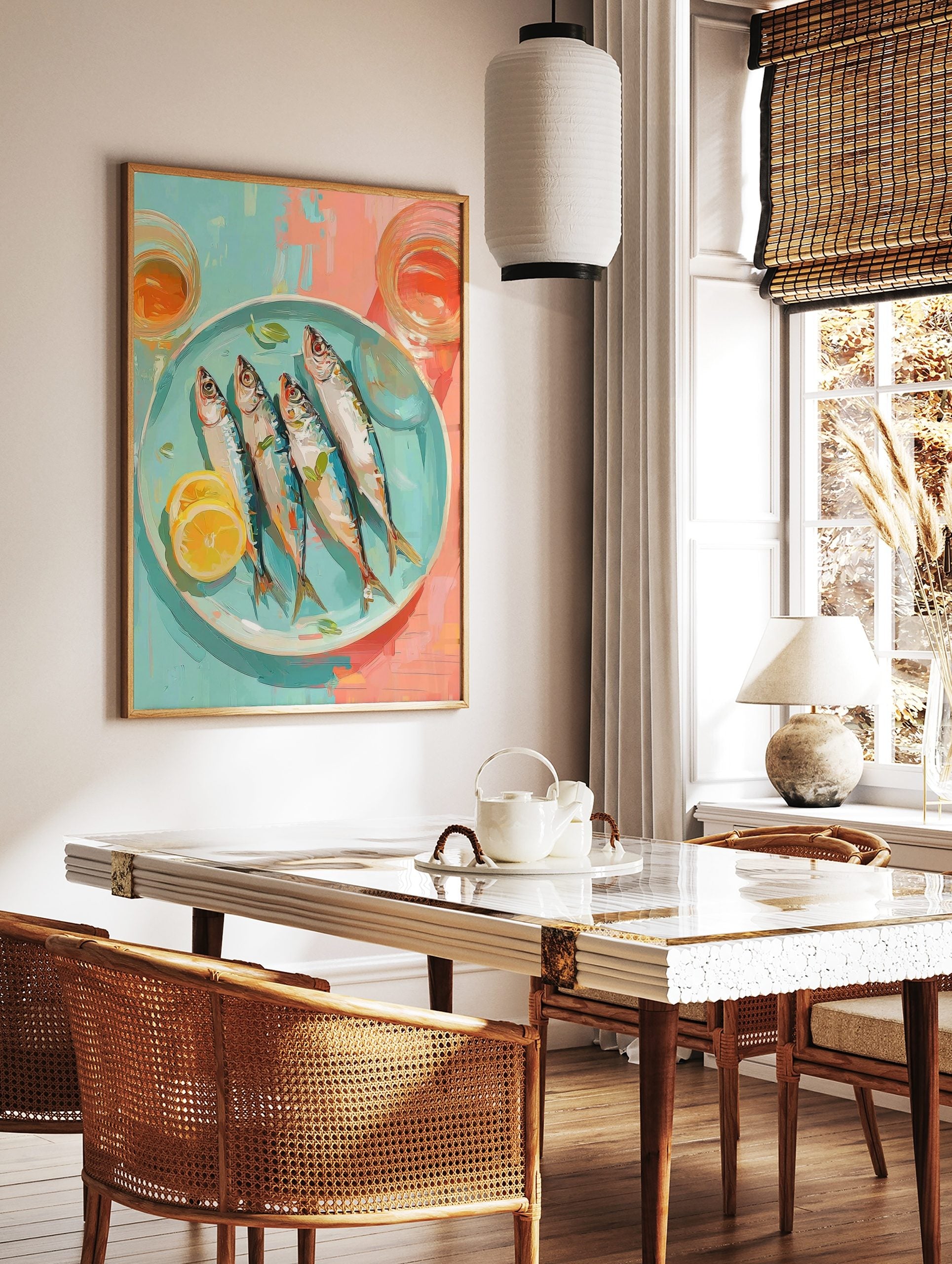 Illustrative wall art of four whole sardines with lemon and herbs on a blue plate, with glasses, in a styled room mockup