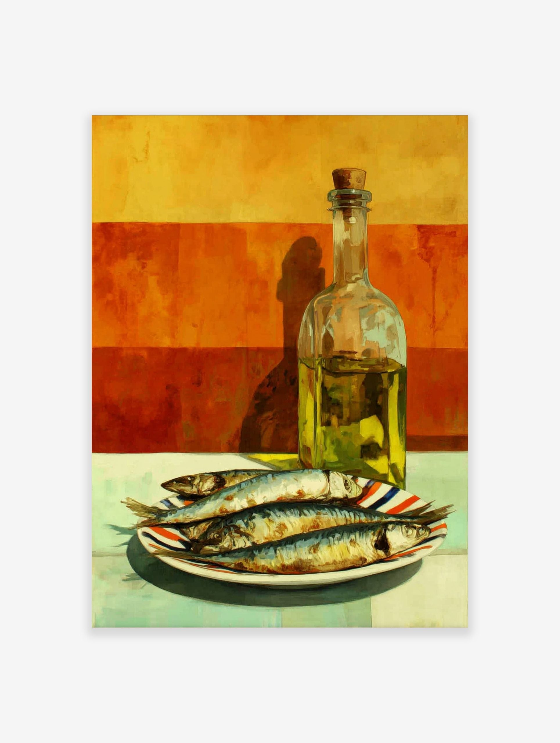 Still life painting of four sardines on a striped plate next to a bottle of olive oil against an orange wall