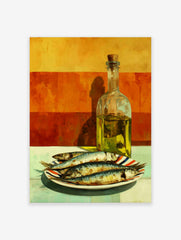 Still life painting of four sardines on a striped plate next to a bottle of olive oil against an orange wall