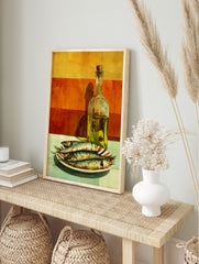 Still life painting of four sardines on a striped plate next to a bottle of olive oil against, in an alternate framed mockup