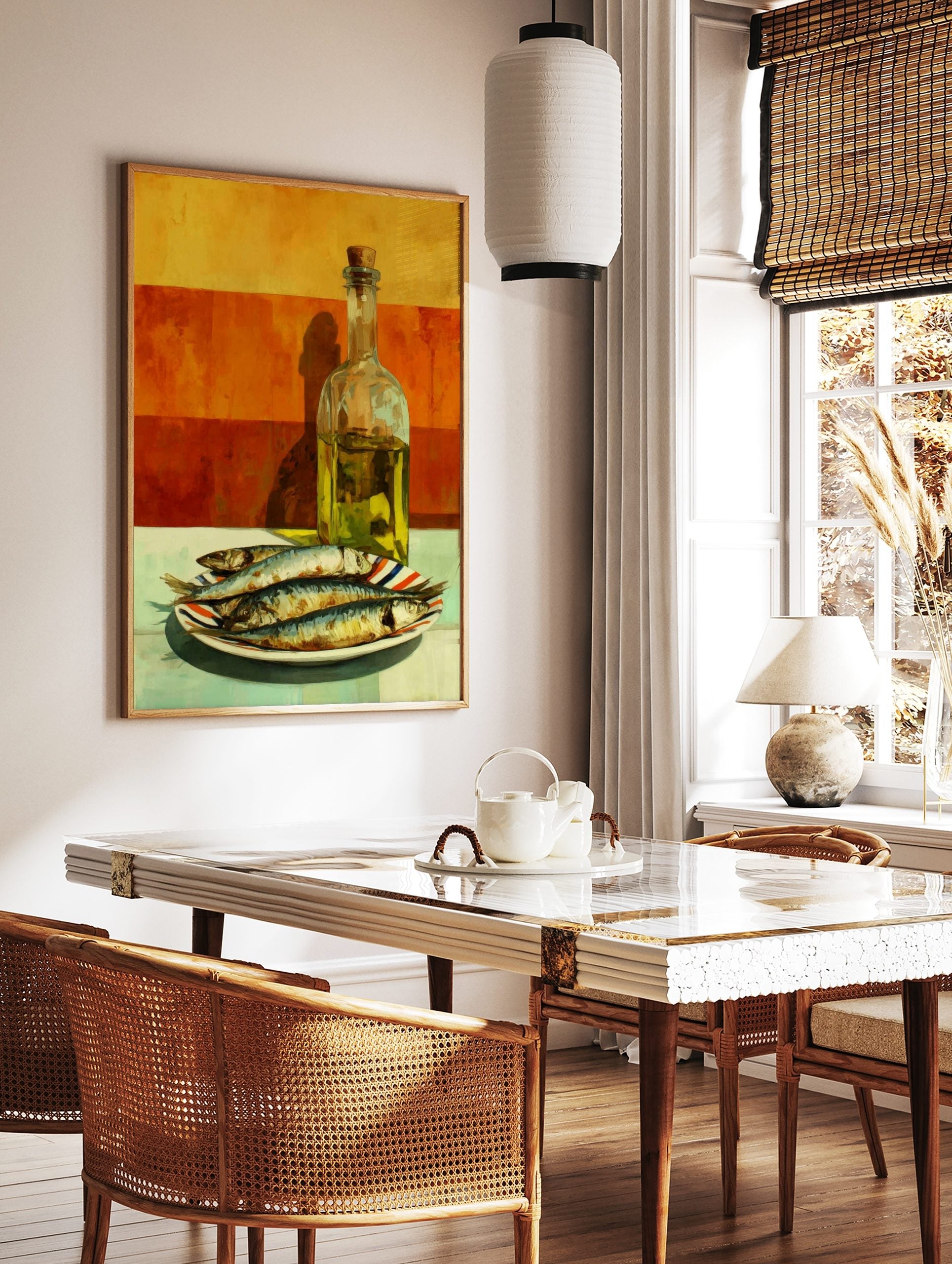 Still life painting of four sardines on a striped plate next to a bottle of olive oil against an, in a styled room mockup