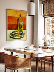 Still life painting of four sardines on a striped plate next to a bottle of olive oil against an, in a styled room mockup