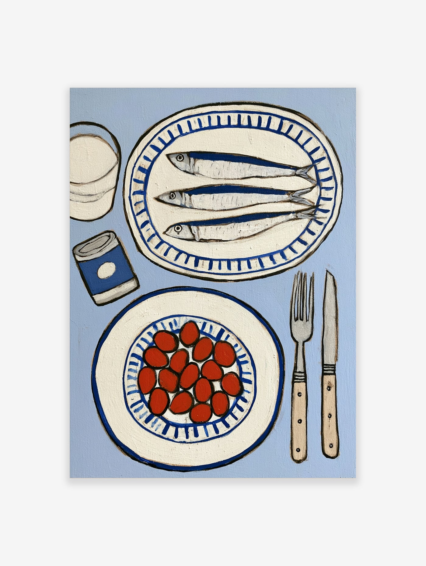 Illustrative still life print of sardines on a plate, red tomatoes, and cutlery in a blue and white palette