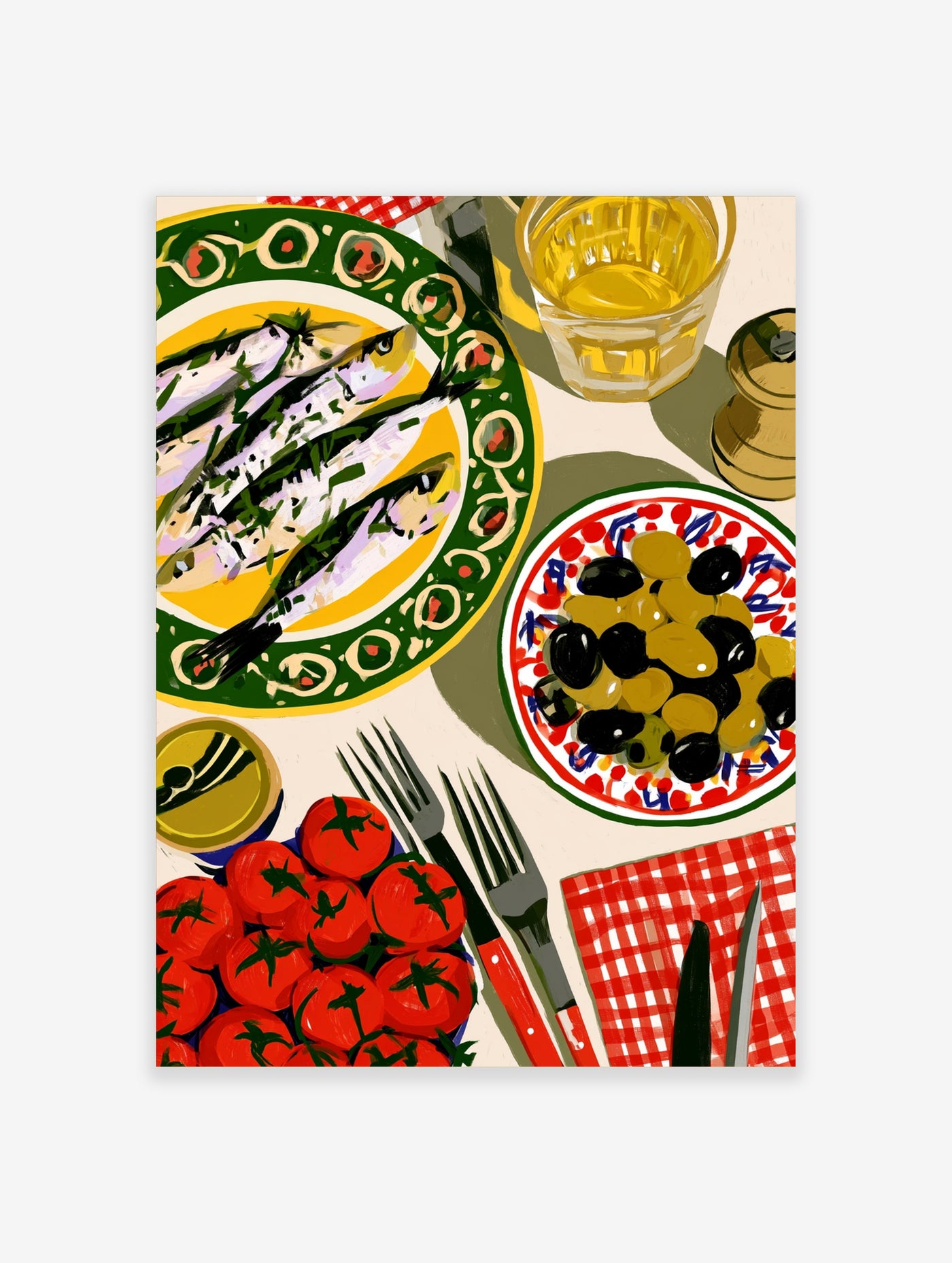 Illustrative Mediterranean food wall art with sardines, olives, and tomatoes on a white table