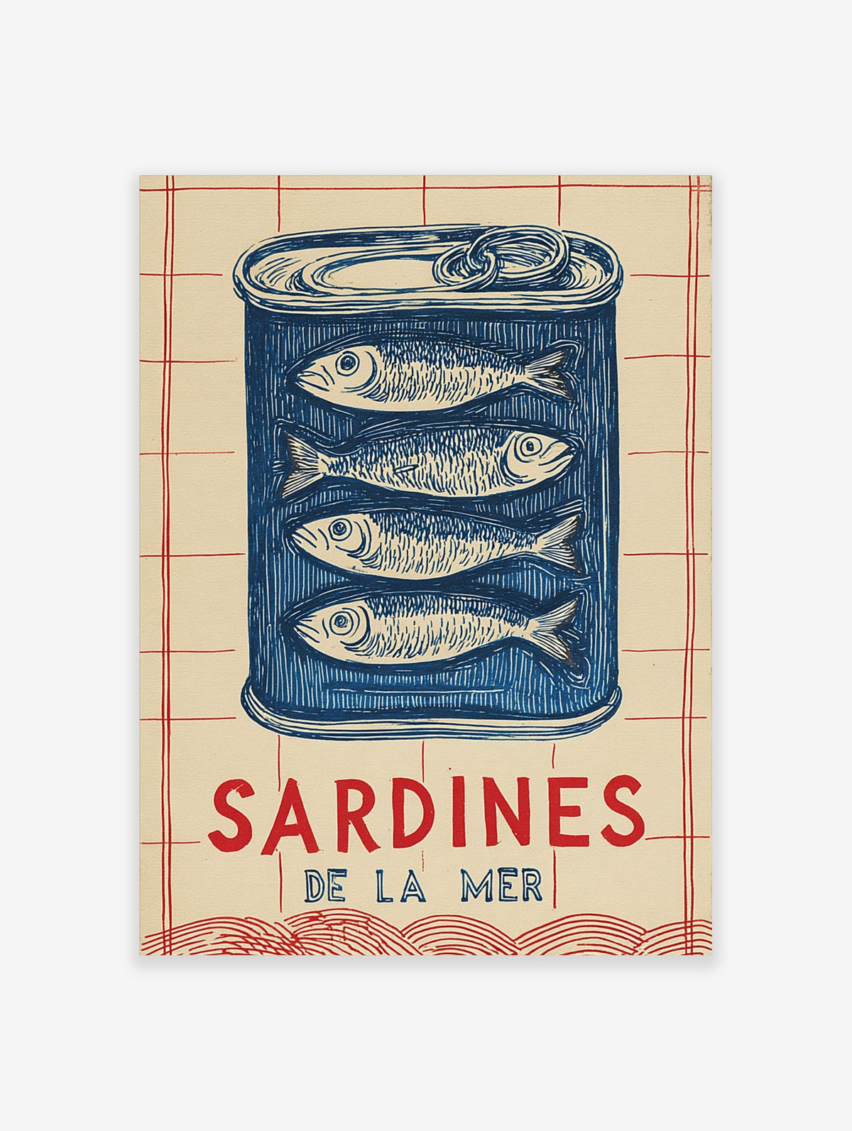 Illustrative blue sardine tin wall art with four fish and 'SARDINES DE LA MER' text on a cream and red grid background