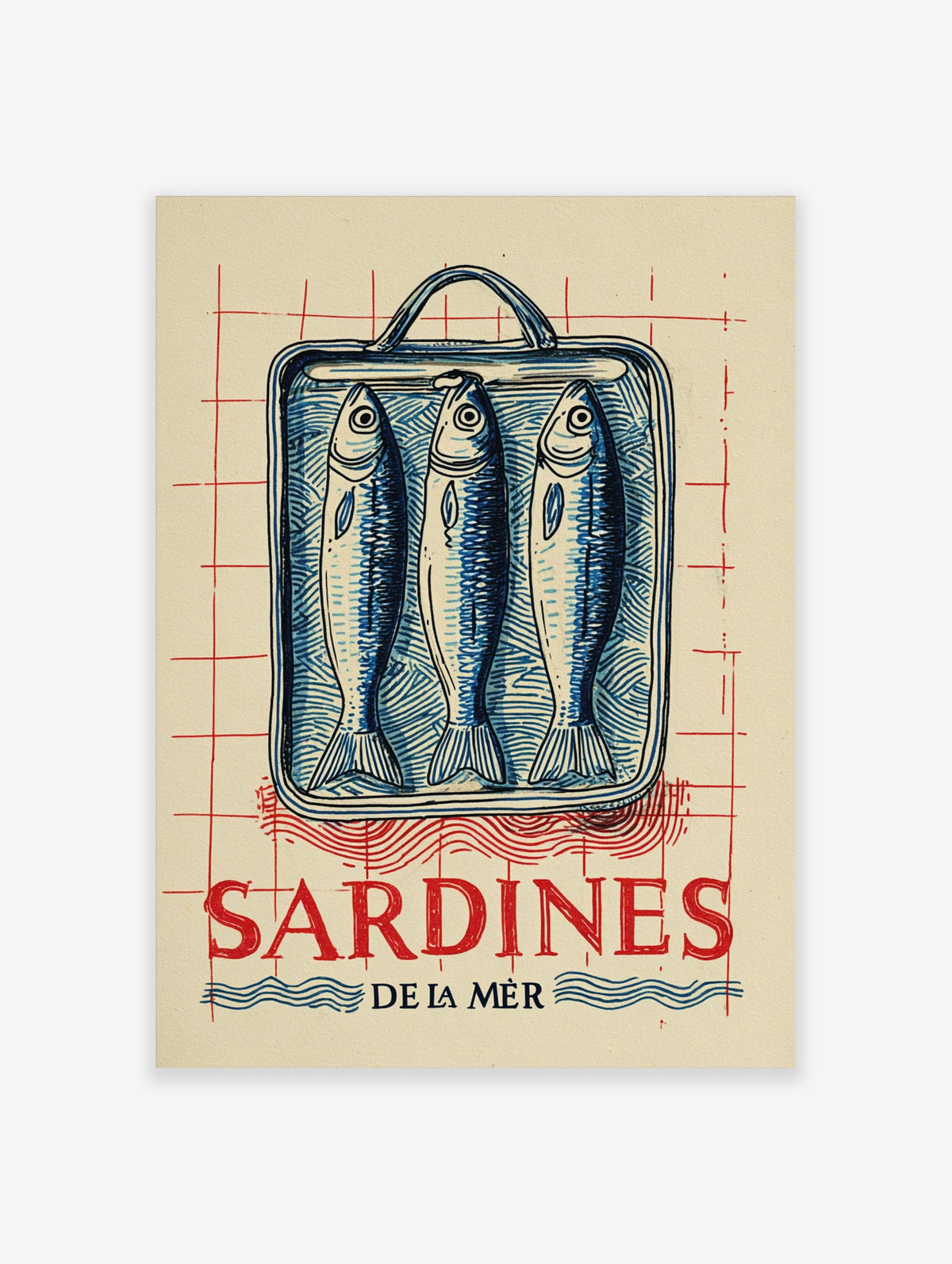 Vintage-style illustration of three blue sardines in a tin can with red 'SARDINES DE LA MÈR' text and red grid background