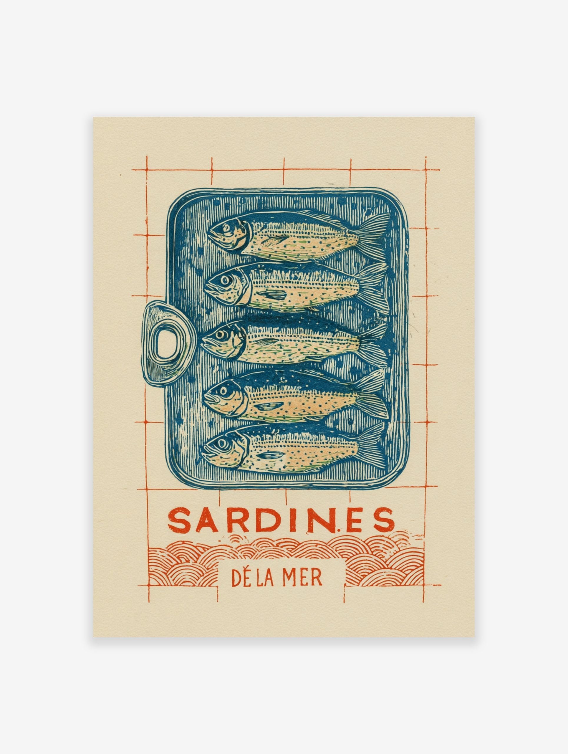 Illustrative linocut-style print of a blue sardine tin with five fish, 'Sardines Dé La Mer' text, and red wavy lines