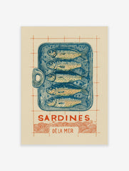 Illustrative linocut-style print of a blue sardine tin with five fish, 'Sardines Dé La Mer' text, and red wavy lines