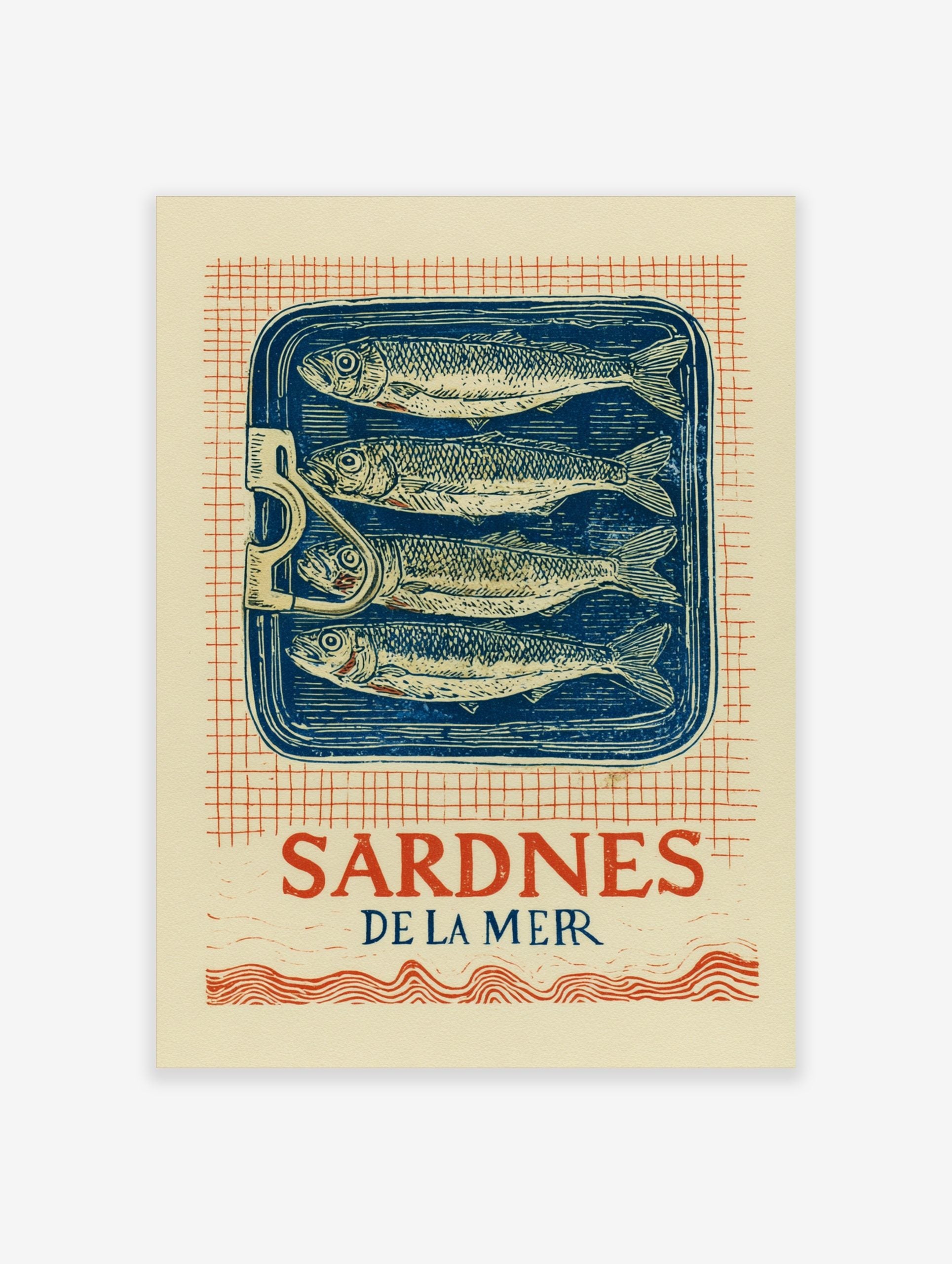 Vintage Sardines De La Mer wall art print with four fish in a blue tin, red grid background, and French text