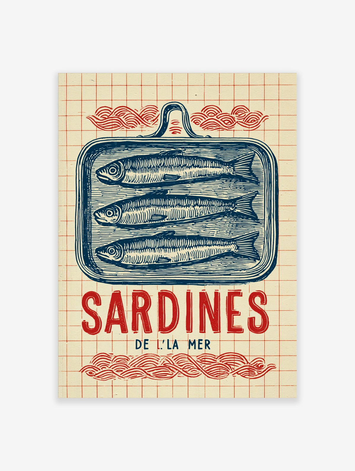 Vintage illustrative print of three blue sardines in a tin, with 'Sardines De L'La Mer' text and red waves on a grid