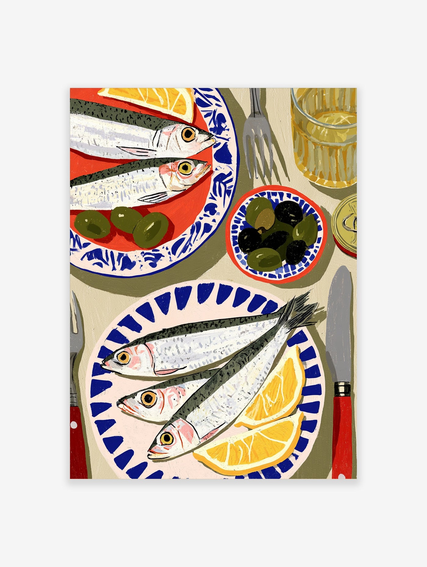 Illustrative print of two plates of sardines with lemons and olives on a table, featuring blue and orange patterns
