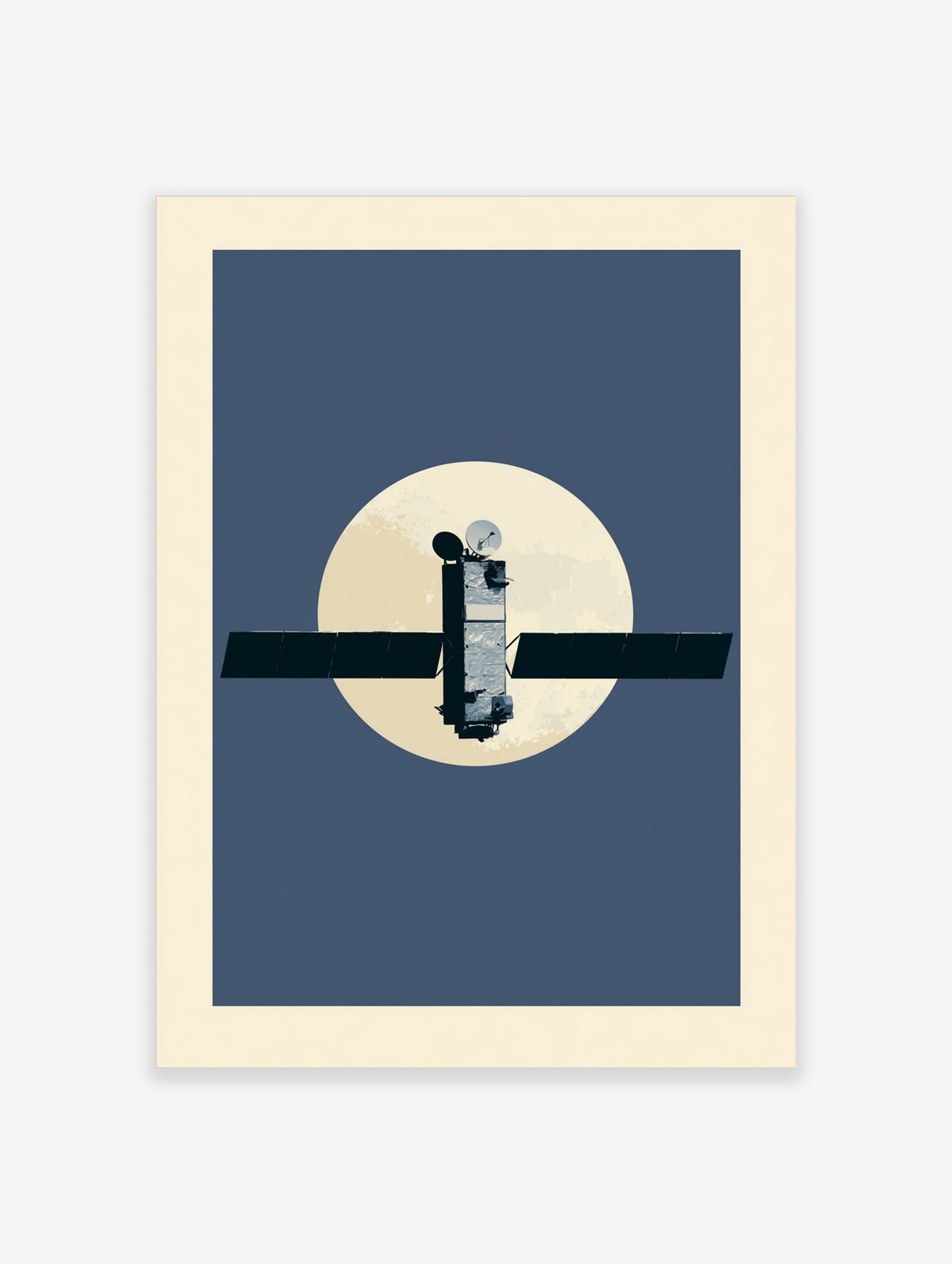 Satellite silhouette crossing a full moon on a deep blue background, astronomy art print