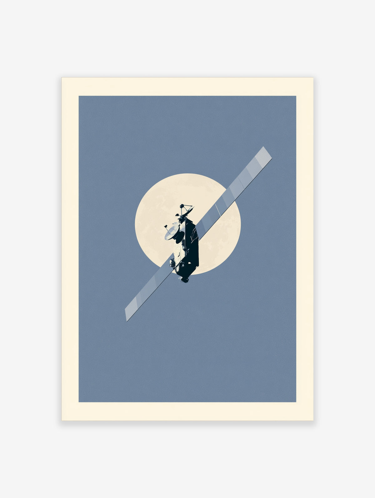 Satellite silhouette with solar panel crossing a full moon on a blue background, space poster