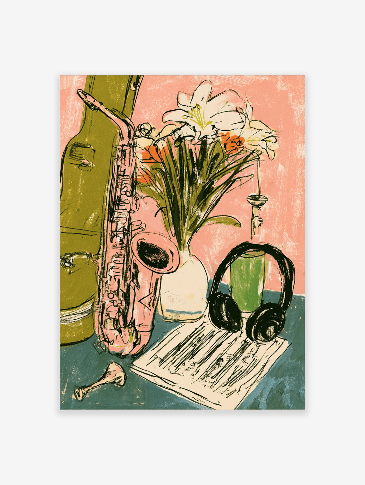 Pink saxophone and white lily poster with headphones, sheet music, and green bottle