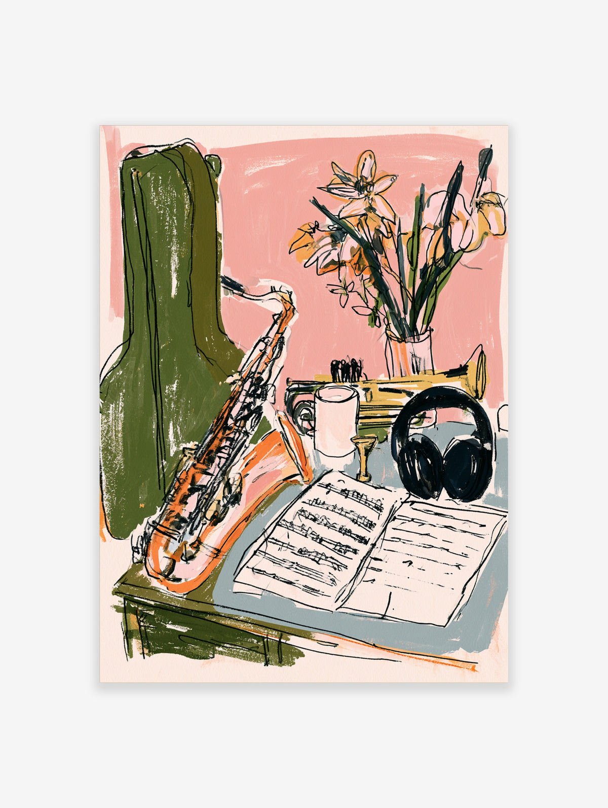 Saxophone and trumpet music poster with sheet music, headphones and pink flowers