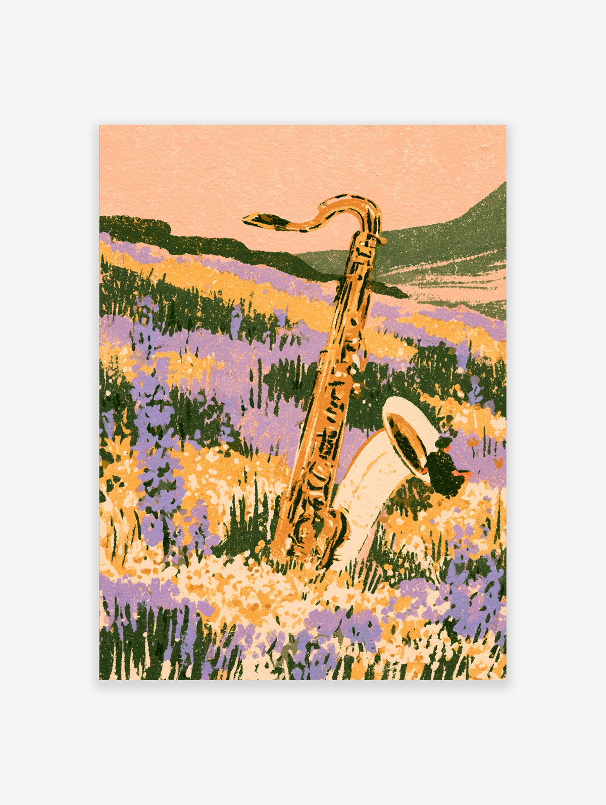 Saxophone standing in purple lavender field with golden grasses and peach sky art print
