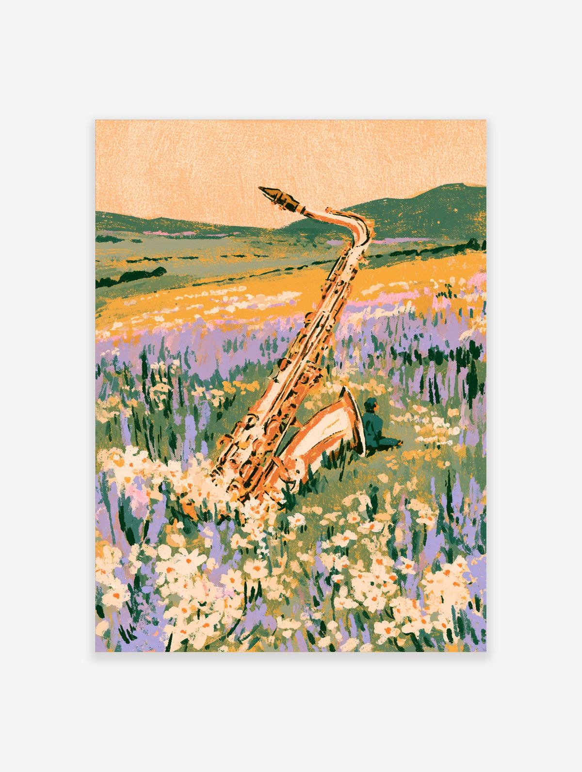 Saxophone in a wildflower field with green hills and peach sky, music art print