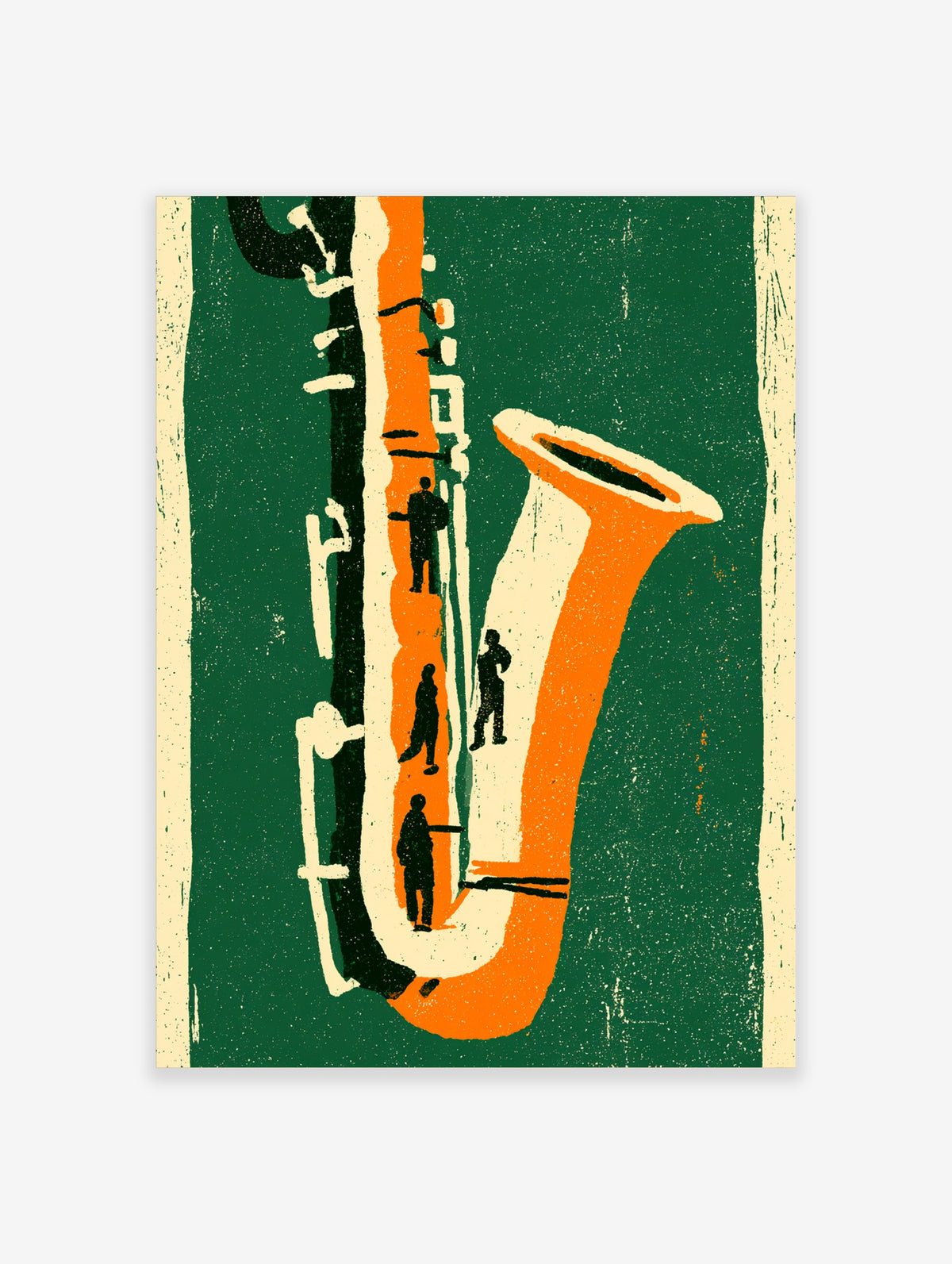 Saxophone jazz poster with orange and cream instrument, green background, and black musician silhouettes