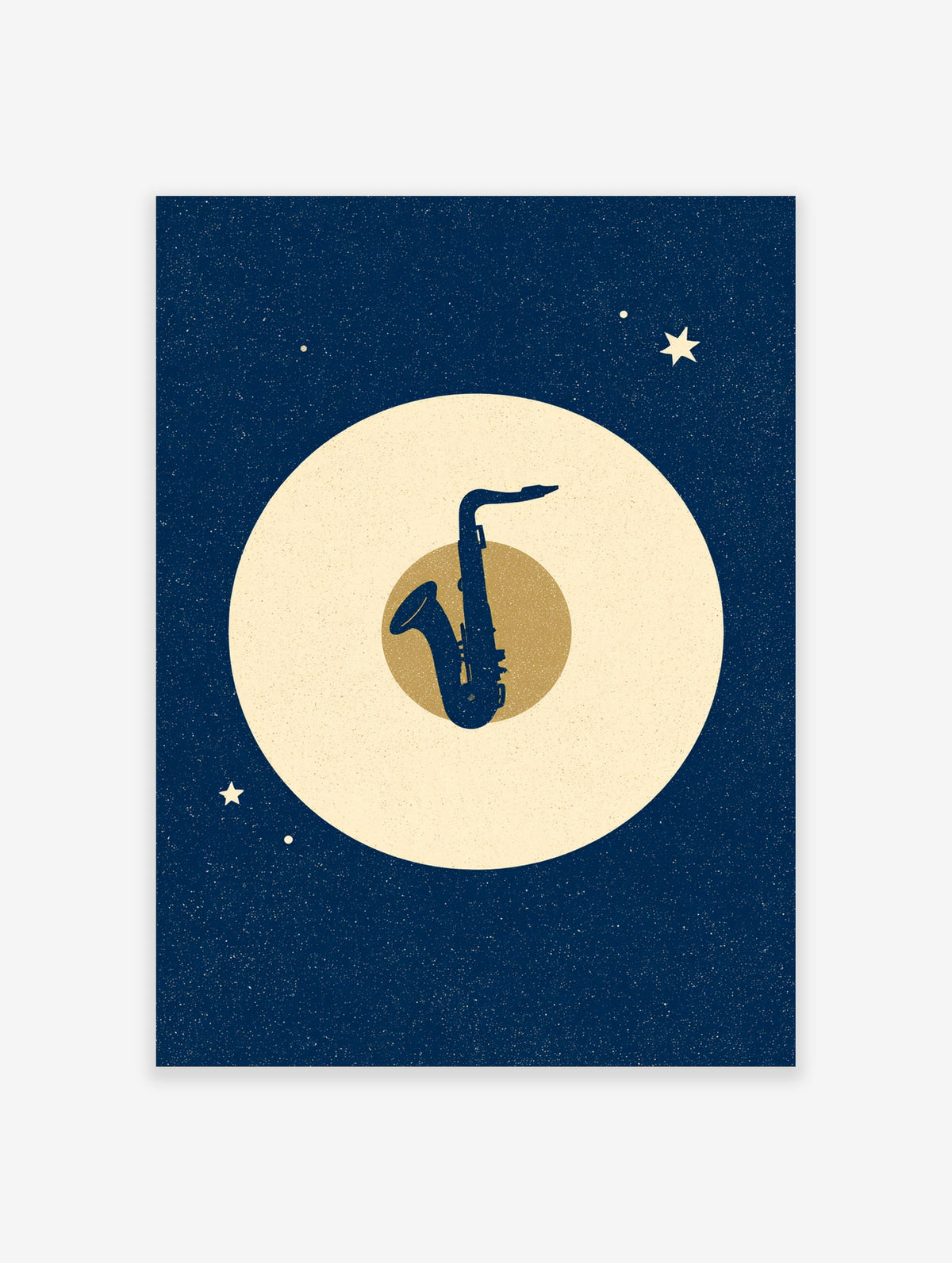 Navy saxophone silhouette on a cream moon with gold circle and starry navy background poster