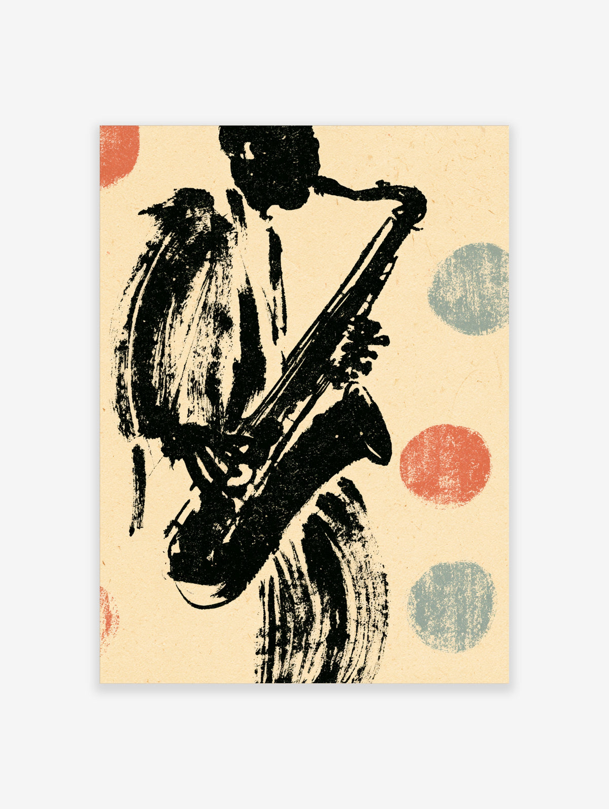 Black brushstroke saxophone player poster on beige with red and blue dots