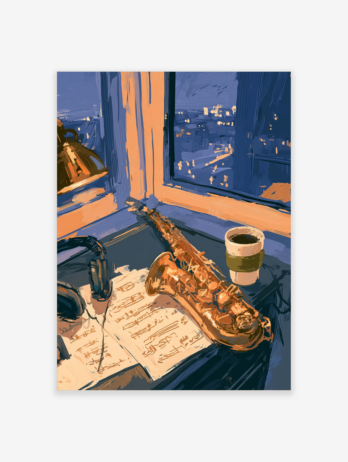 Saxophone on sheet music with headphones and coffee cup by a night city window, blue and orange jazz poster