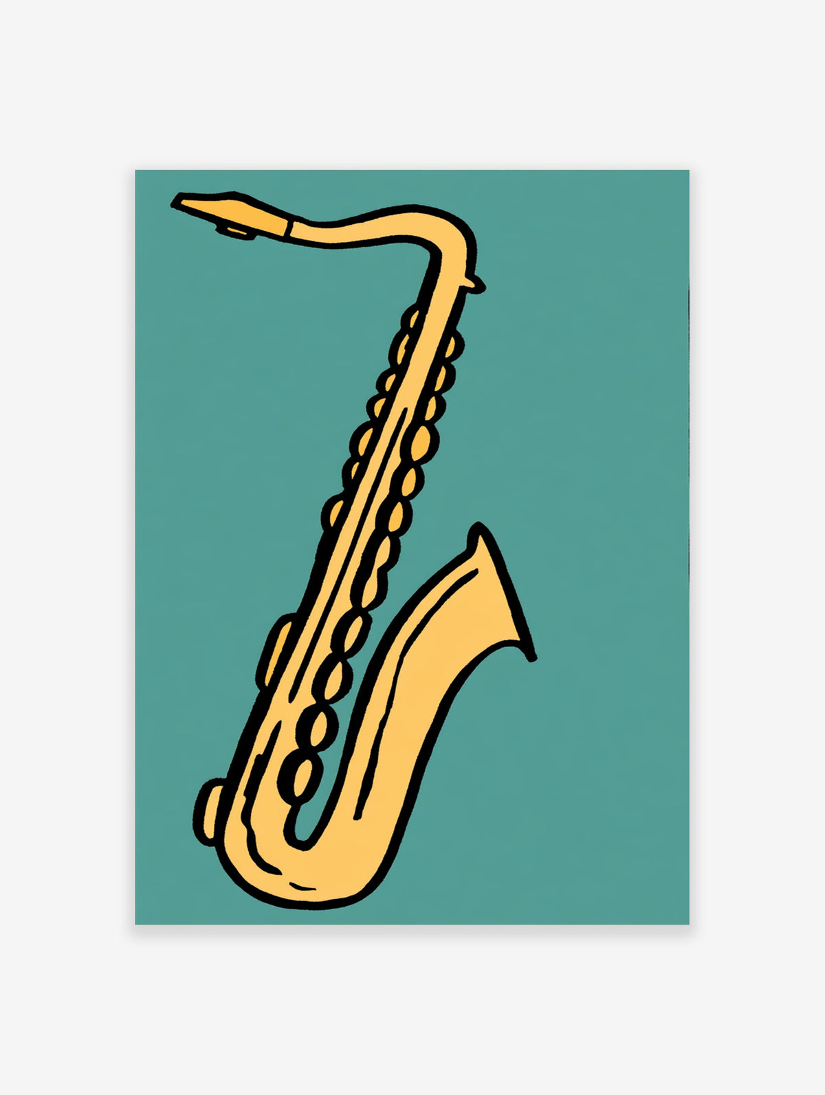 Saxophone poster with mustard yellow body and black outlines on teal background
