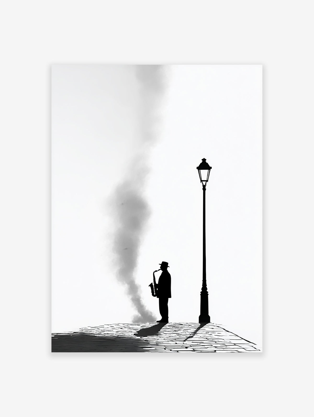 Black and white saxophone wall art featuring a silhouetted jazz musician playing under a lamppost on a cobblestone street.