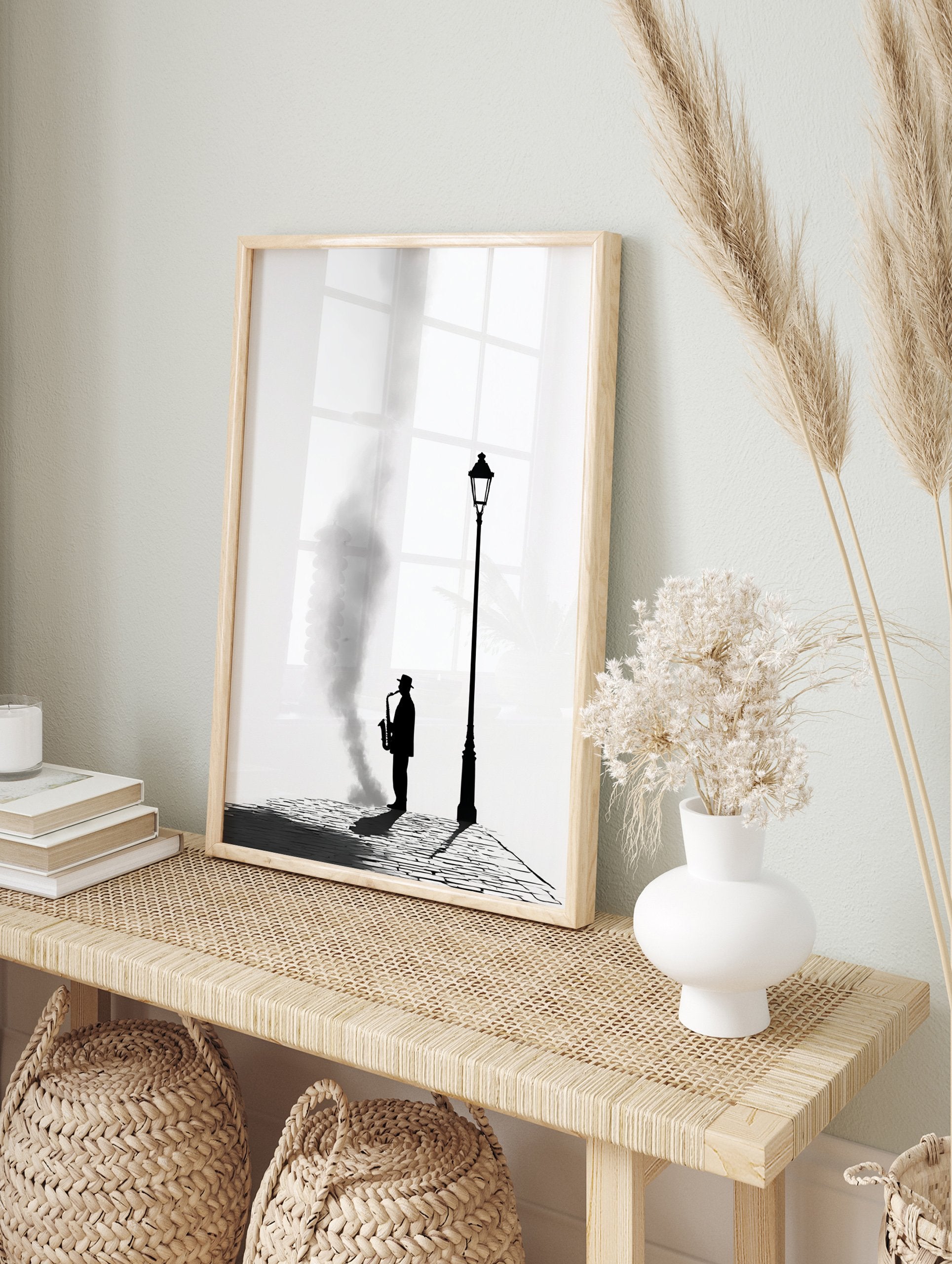 Black and white saxophone wall art featuring a silhouetted jazz musician playing under a lamppost on a cobblestone street. - Image 3