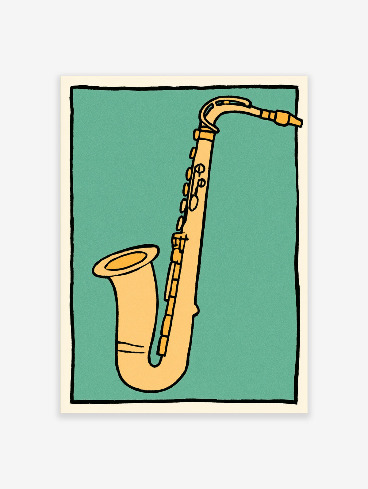 Yellow saxophone illustration with black keys on a teal background, music poster art