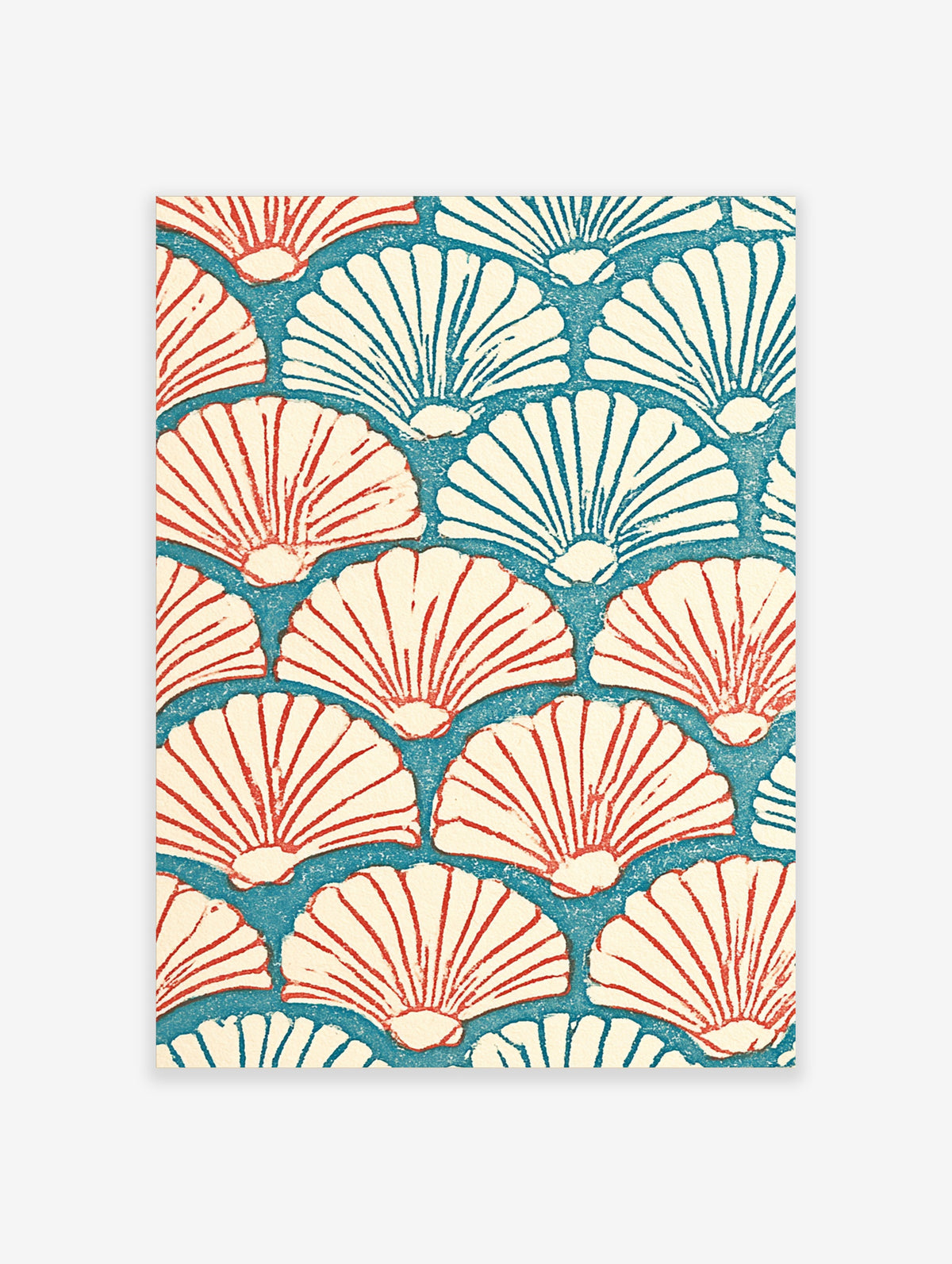 Seashell pattern poster with blue and red scallop shells on cream background
