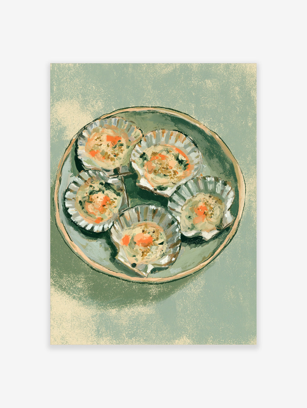 Scallop shell print showing five baked scallops on a green plate, painted in a loose style