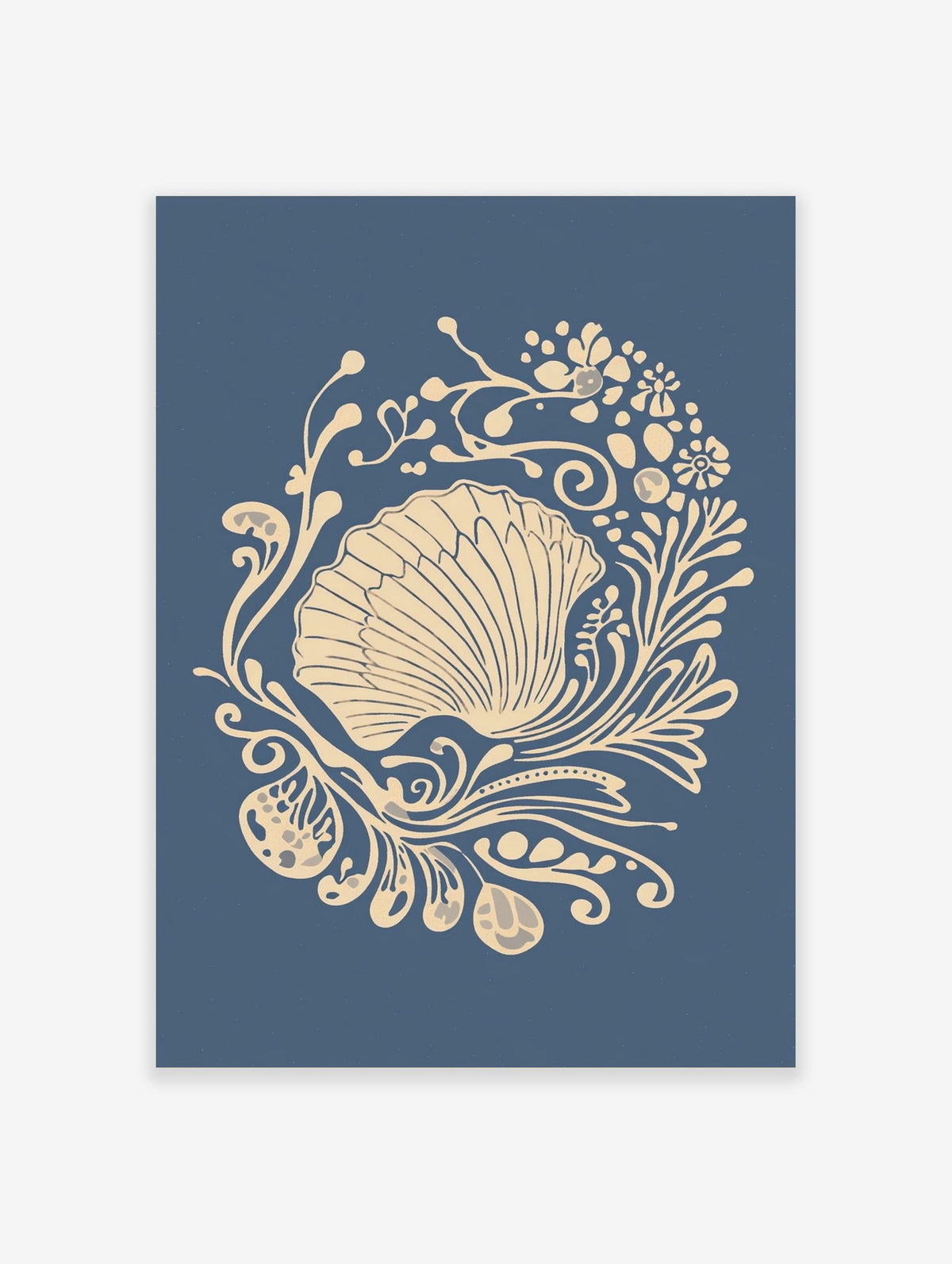 Ornate scallop shell illustration with beige botanical swirls on a deep blue background