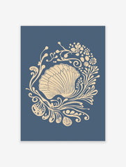 Ornate scallop shell illustration with beige botanical swirls on a deep blue background