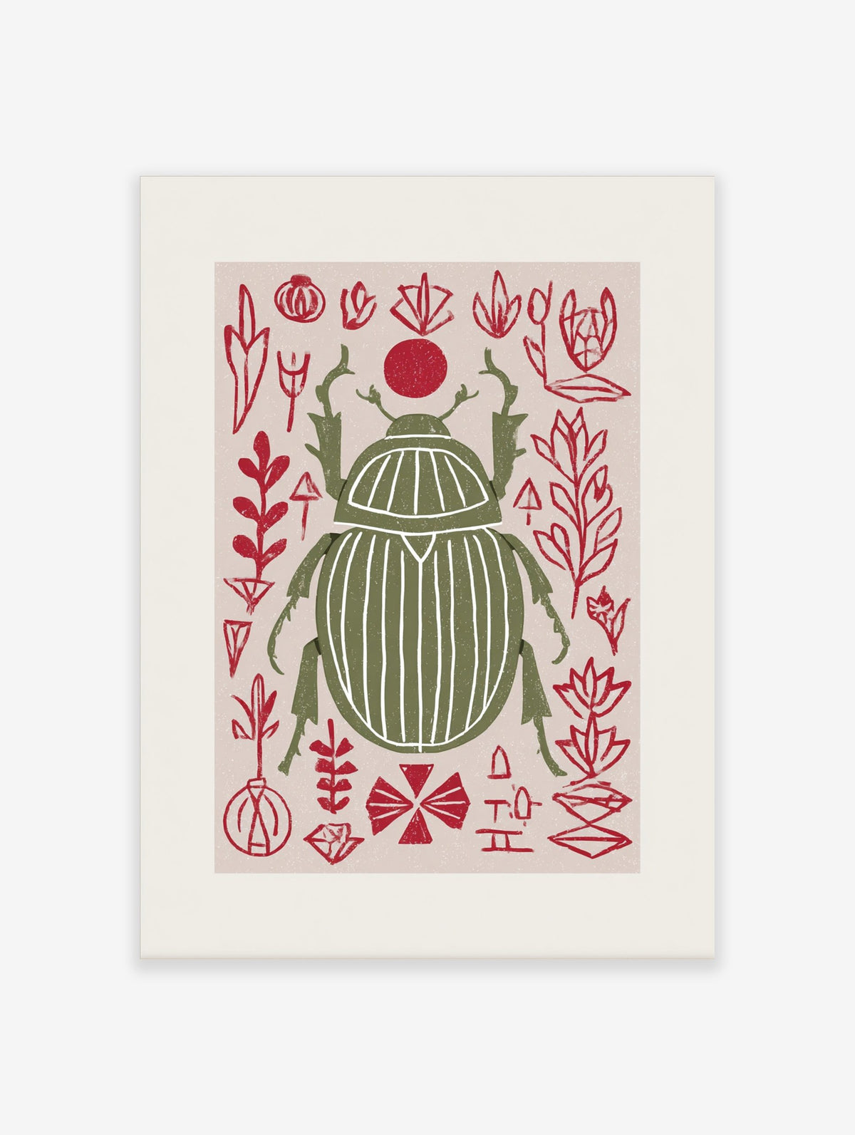 Olive green scarab beetle print with white stripes, surrounded by red abstract botanical shapes and a red sun on pink
