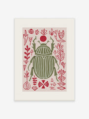 Olive green scarab beetle print with white stripes, surrounded by red abstract botanical shapes and a red sun on pink