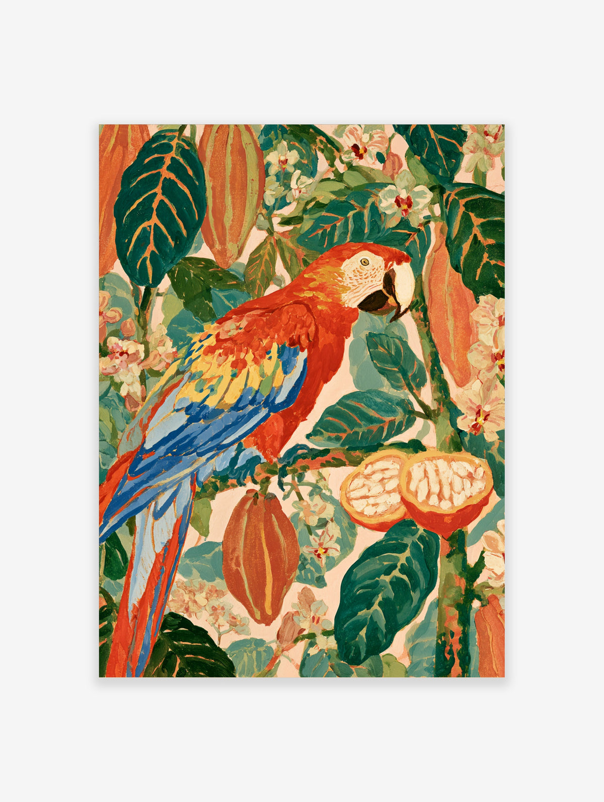 Scarlet macaw perched on a branch with cacao pods and white blossoms, colourful jungle art print