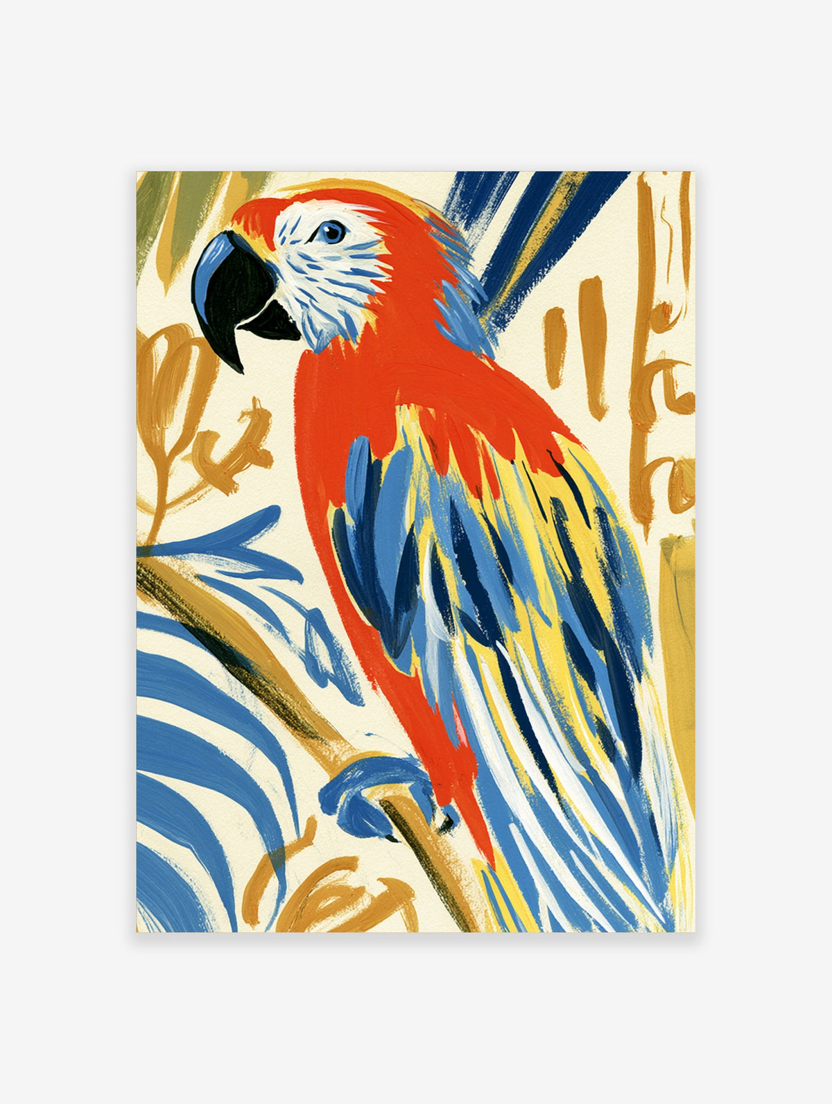 Scarlet macaw parrot painting with red, blue and yellow feathers on a branch, colourful bird art print