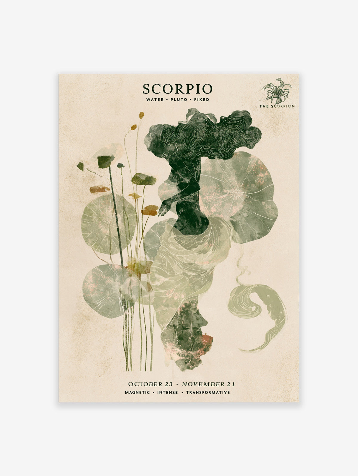 Scorpio zodiac poster with green watercolour figure, lotus leaves, and astrology text on beige background