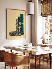 Traditional Asian scroll art print with teal green rolled textiles and intricate patterns on a beige background. - Image 2