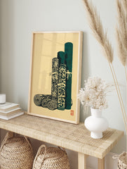 Traditional Asian scroll art print with teal green rolled textiles and intricate patterns on a beige background. - Image 3