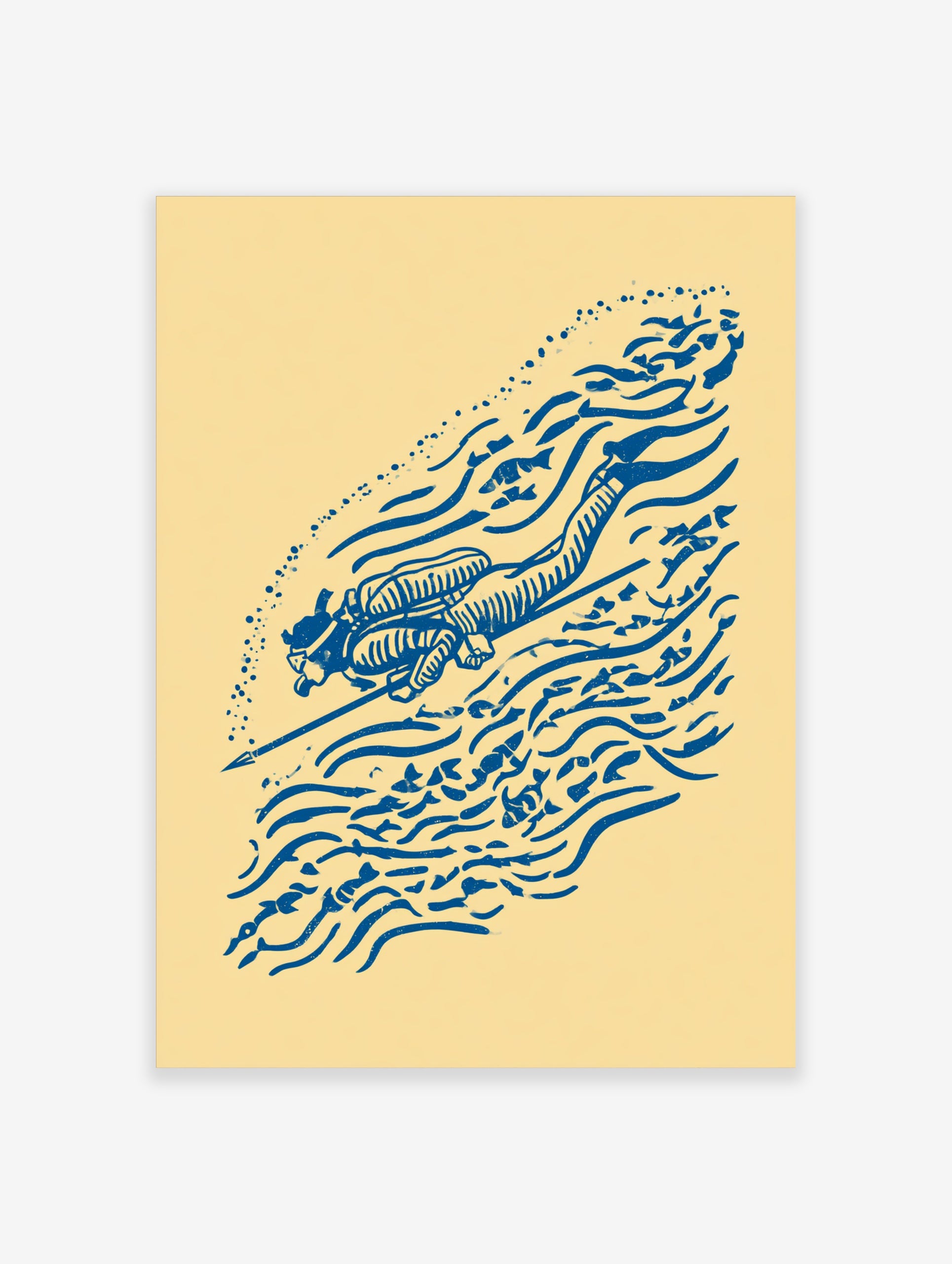 Blue illustrative scuba diver print with speargun, fish, and bubble motifs on a cream background