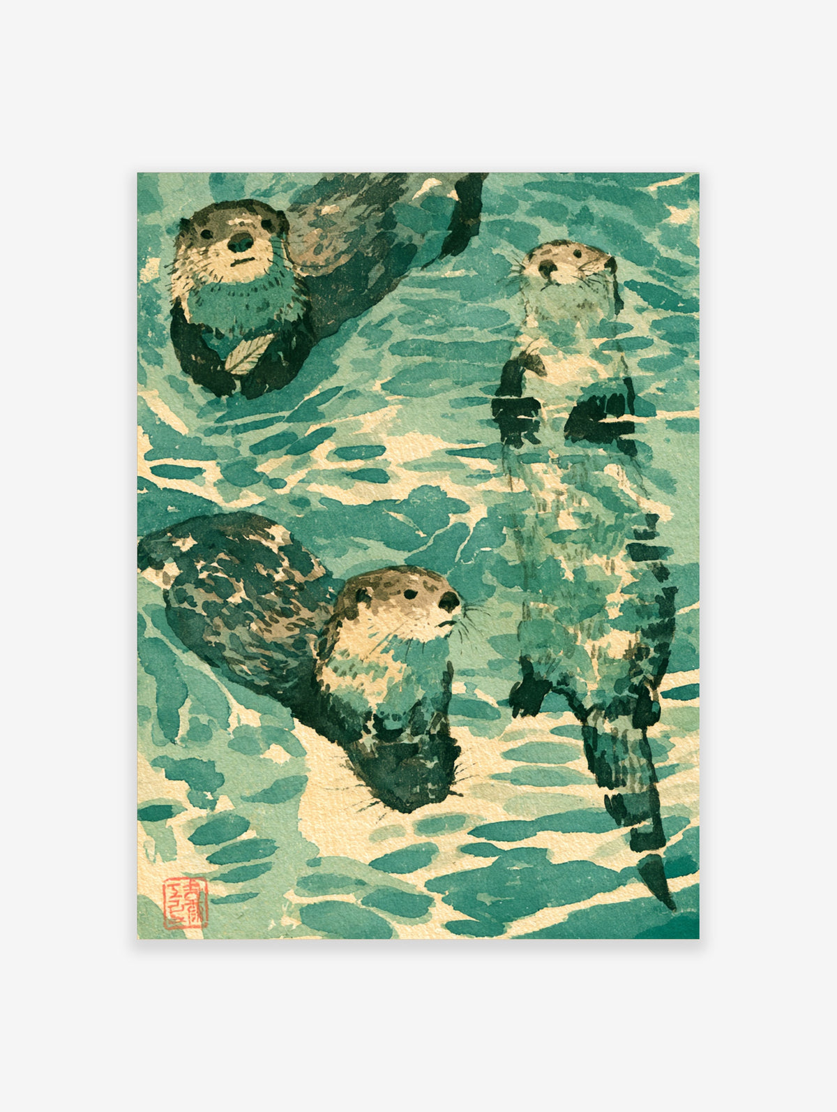Japanese woodblock sea otter poster with three otters swimming in teal water and cream ripples