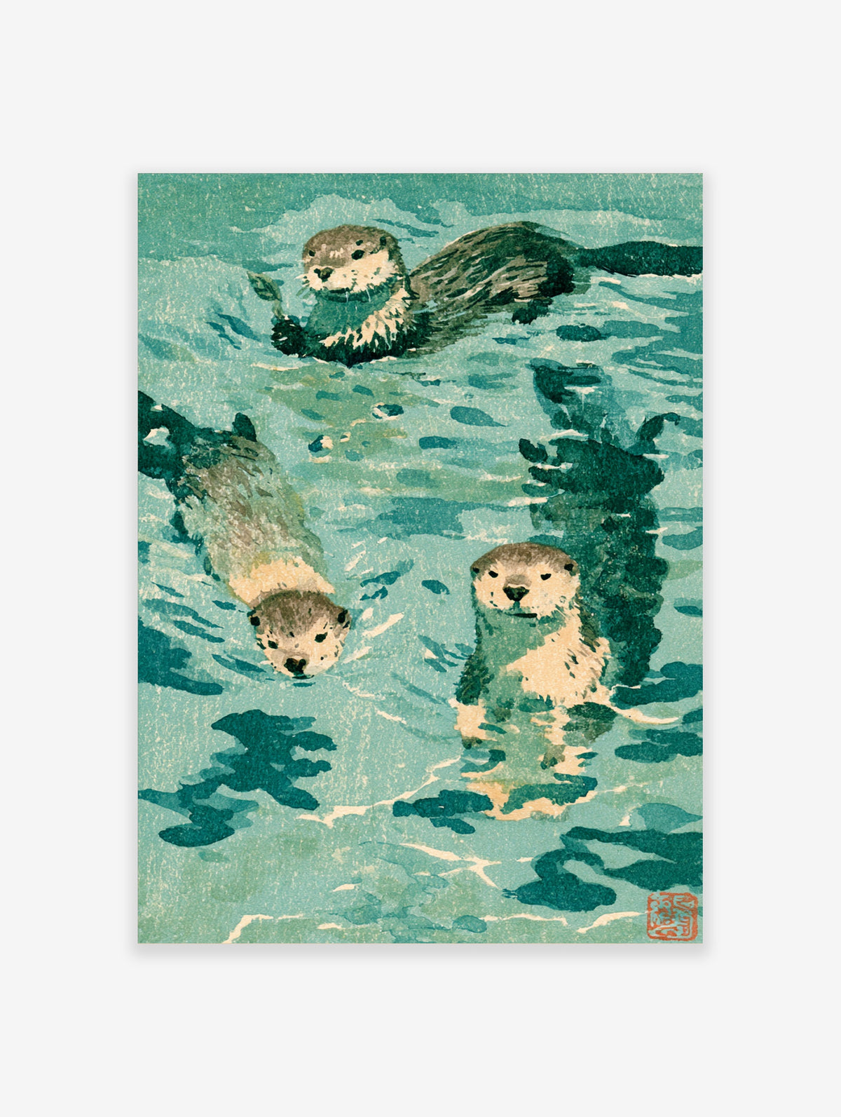Three sea otters swimming in teal water, Japanese animal poster with red seal