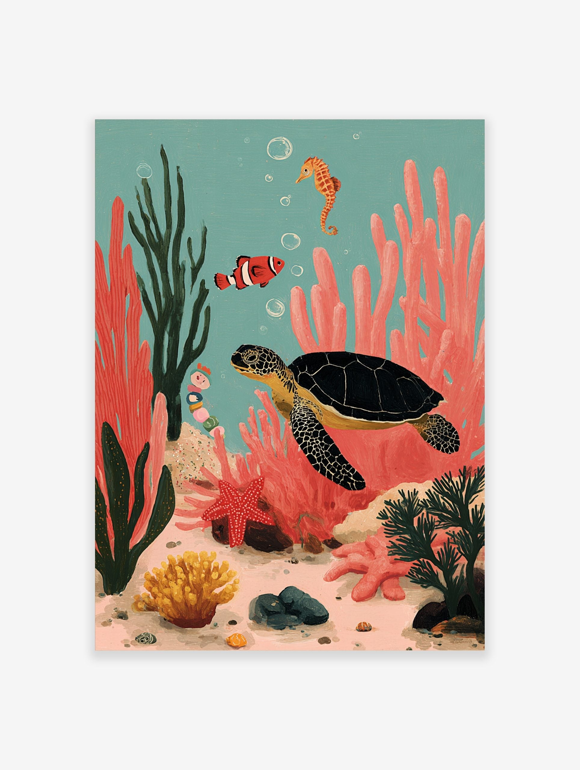 Colourful illustrative print of a sea turtle, clownfish, and seahorse in a vibrant coral reef underwater scene